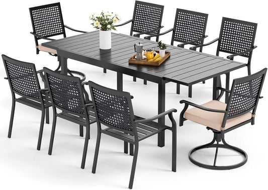 MFSTUDIO Patio Table and Chairs Set, Outdoor Dining Set for 8 with Expandable Table, 9 Piece Metal Patio Dining Set for Deck Backyard Poolside Garden