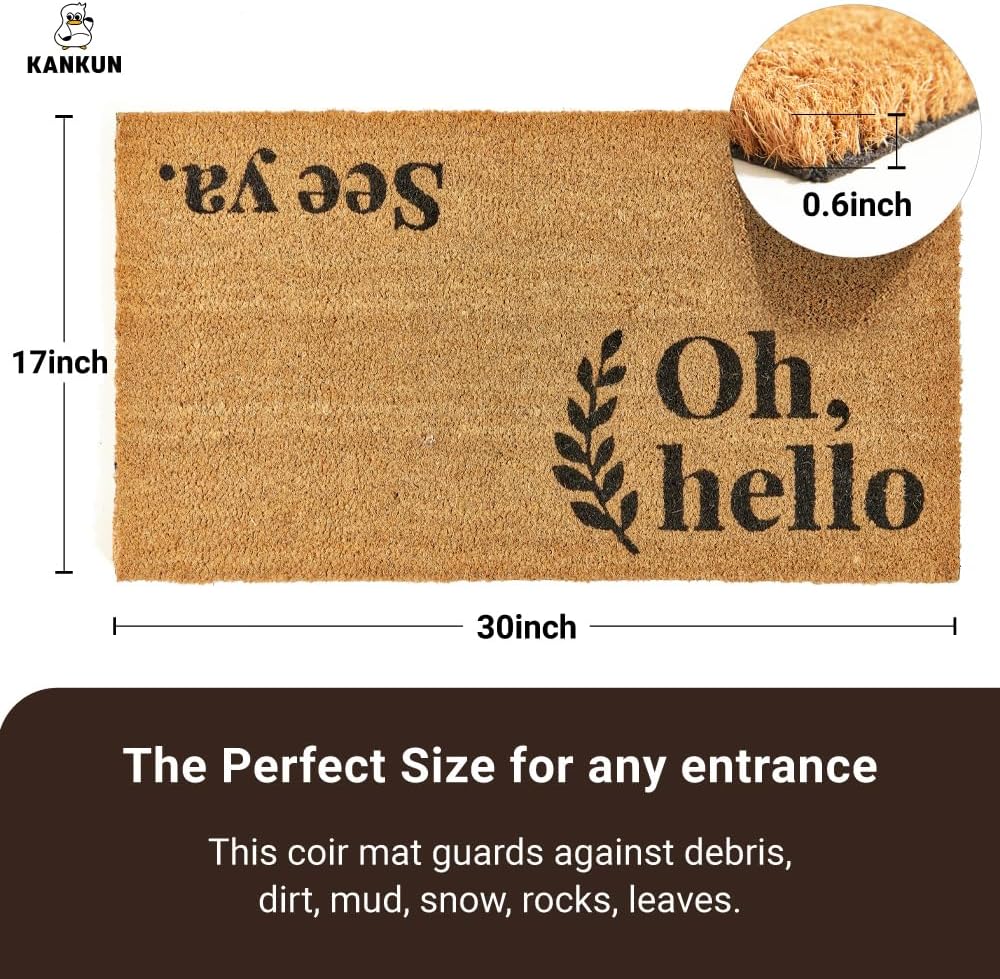 KANKUN Coco Coir Door Mat with Heavy Duty Backing, Welcome Doormat (17" x 30"), Doormat Entrance (Welcome Oh Hello)