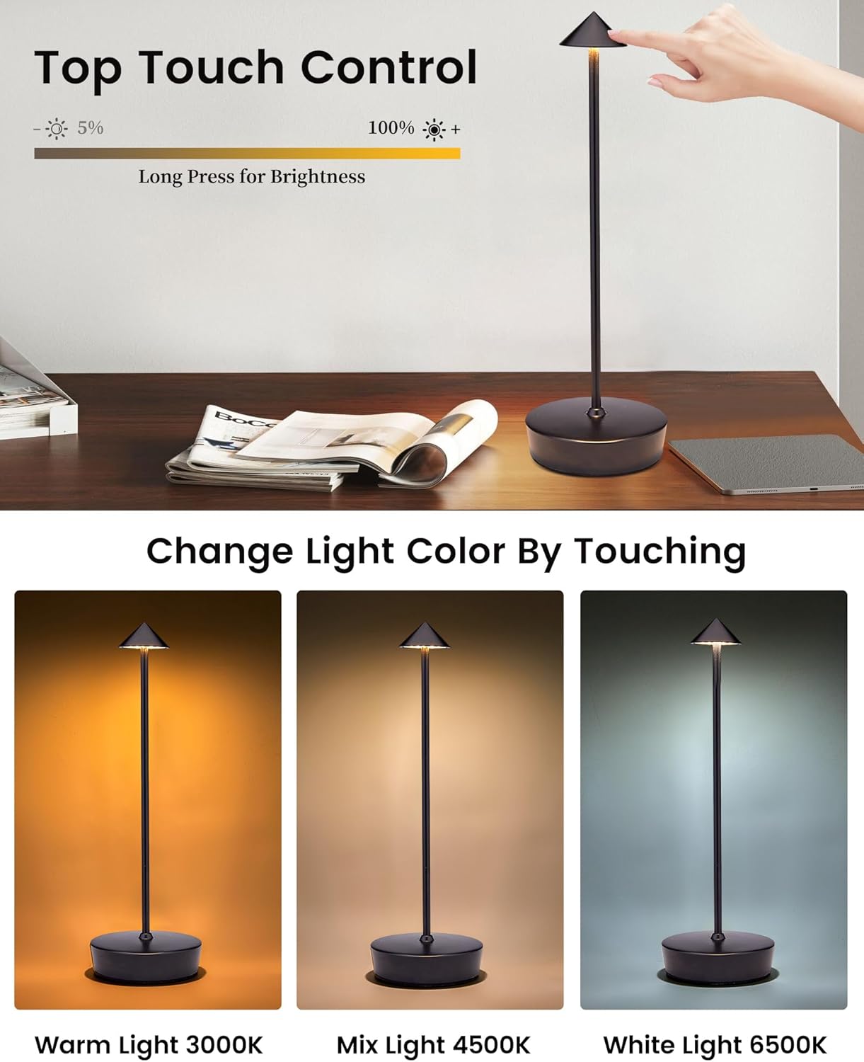 Cordless Led Table Desk Lamp 2 Pack, 7000mAh Battery Outdoor Table Light Waterproof for Restaurant Patio Camping Home Decor, USB-A Output, Brightness Memory, Dimmable