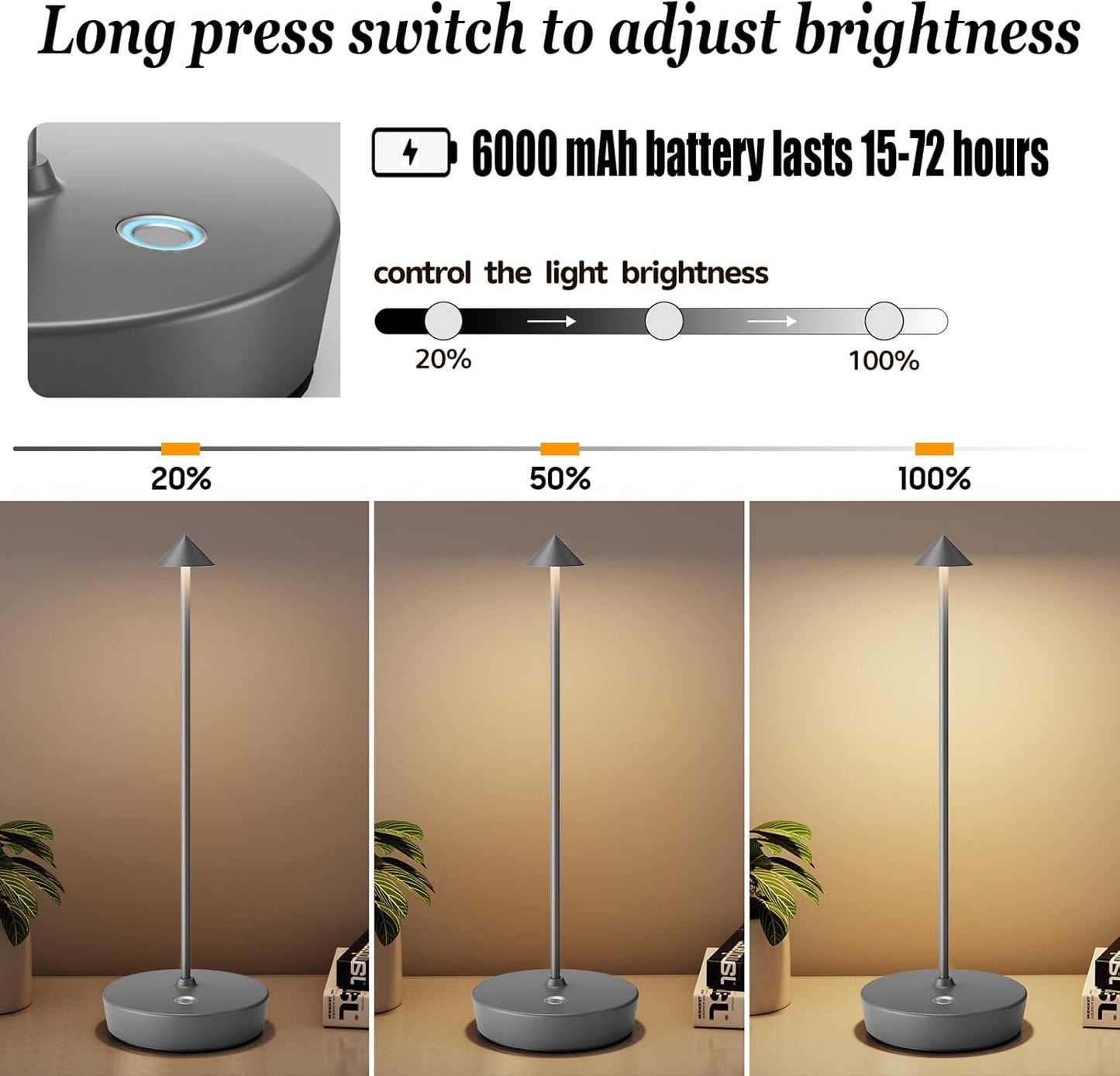 2Pack Rechargeable Cordless Table Lamp, Portable Powered LED Battery 6000mAh Metal USB Desk Lamp, 3 Levels Brightness Light for Restaurants Outdoor (2pack Gray)