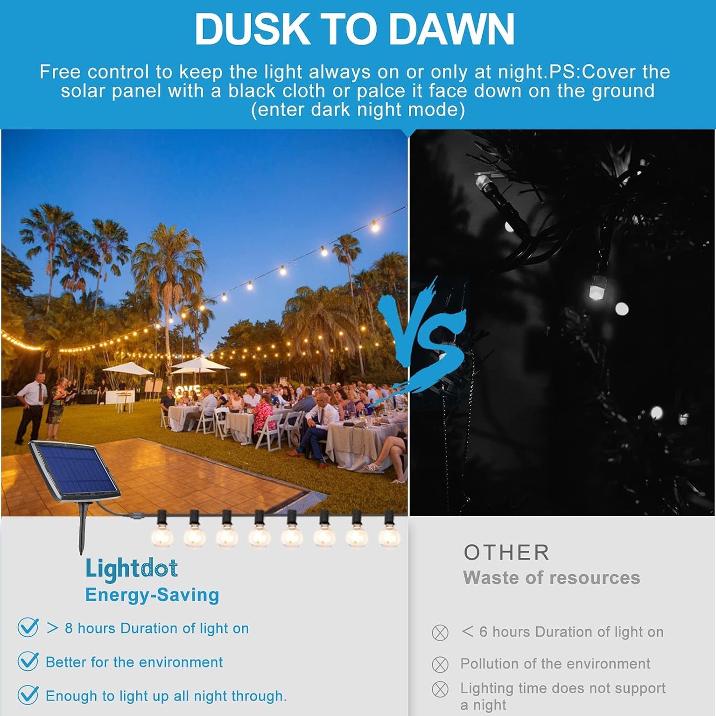 Lightdot 48FT Solar Outdoor String Lights, Waterproof Cafe Patio Lights with Shatterproof LED Bulbs, 2700K Warm White, Create Bistro Ambience On Your Garden Gazebo Backyard Decorative