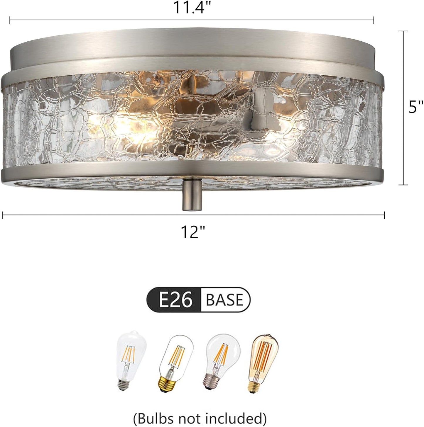 LamQee 12 Inch Flush Mount Ceiling Light with Crackled Glass Shade, 2-Lights Modern Farmhouse Close to Ceiling Lighting Fixture for Hallway Kitchen Bedroom Bathroom Foyer Entryway, Brushed Nickel