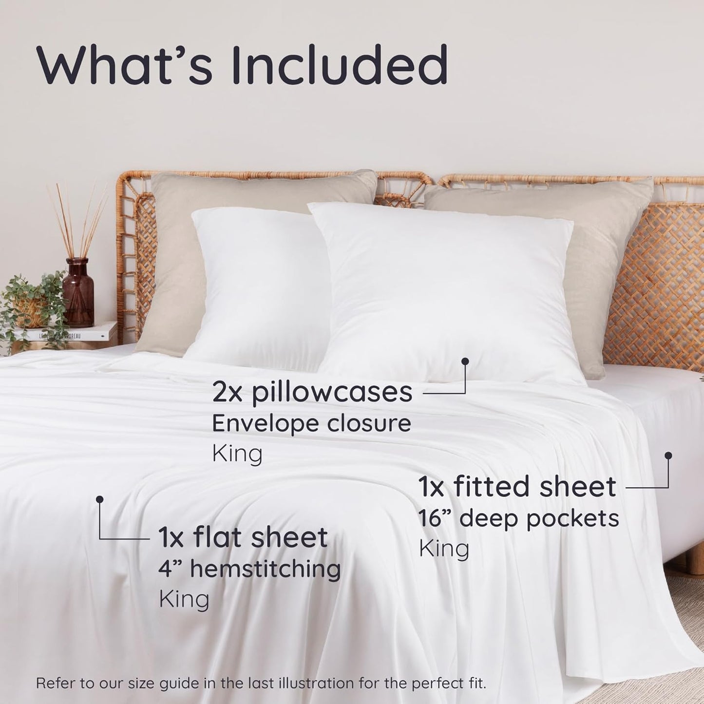 Bambaw King Sheets Set 4pcs – 100% Viscose Derived from Bamboo Sheets King Size Deep Pocket, Fits Up to 16'', Luxury Bedding, Super Soft Sheets King Size, Cooling Sheets King Size (White)