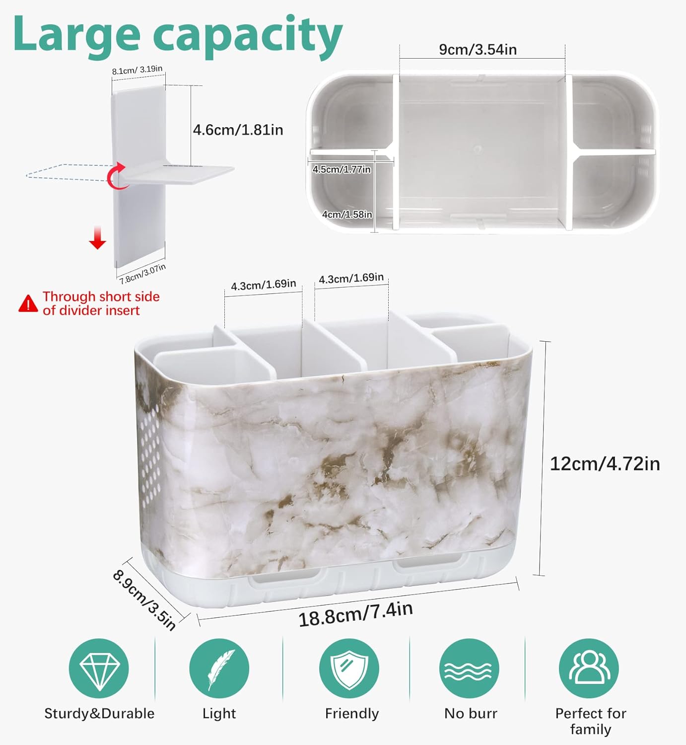 Boperzi Electric Toothbrush Holder for Bathroom Organizer Countertop, Detachable Anti-Slip Toothpaste Storage Caddy 6 Slots White Marble with Drainage Holes for Makeup Brush Razor Stand