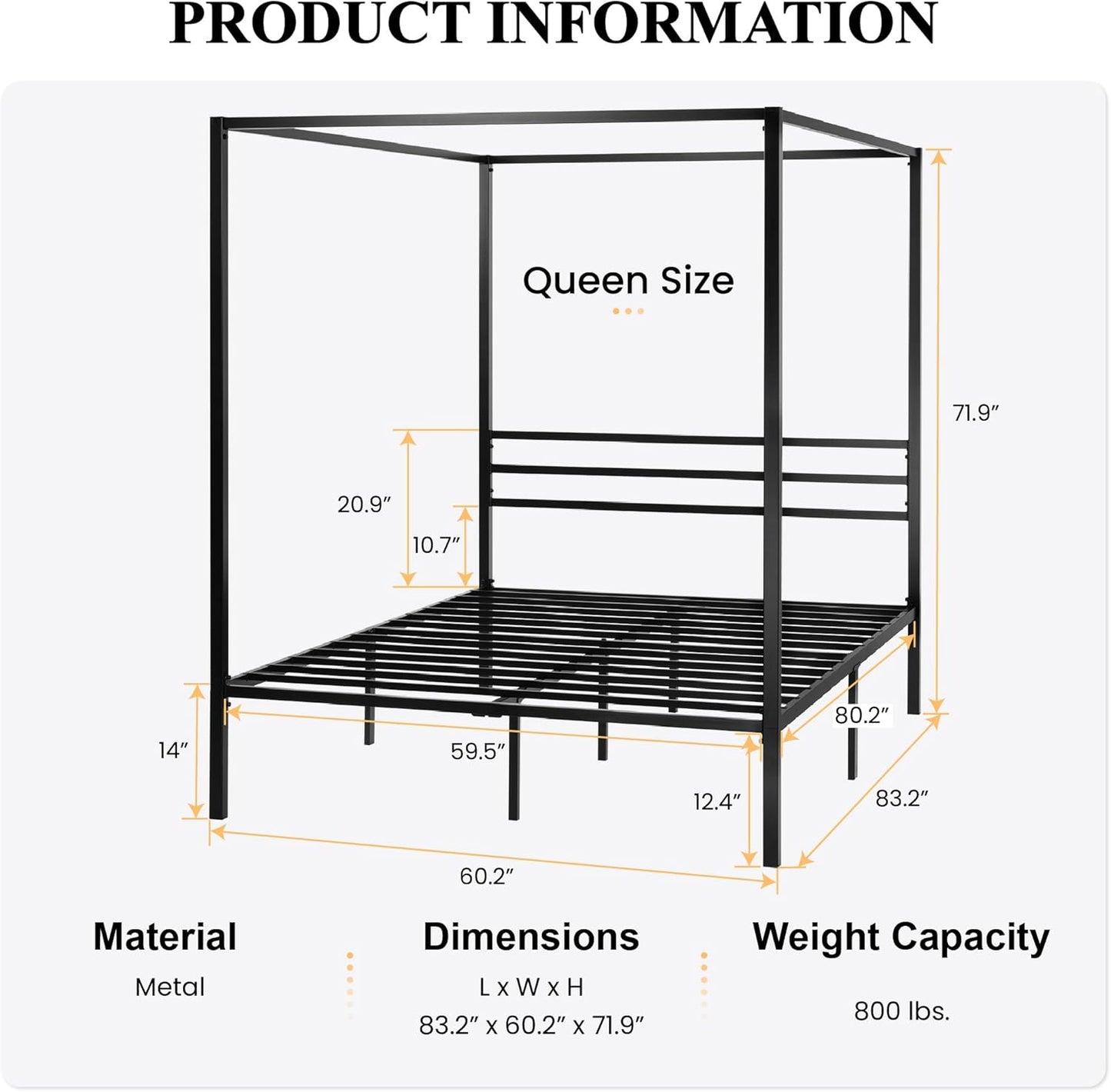 SHA CERLIN Canopy Bed Frame Queen Size/Mattress Foundation with Metal Slats Support/No Box Spring Needed/Easy Assembly/Black