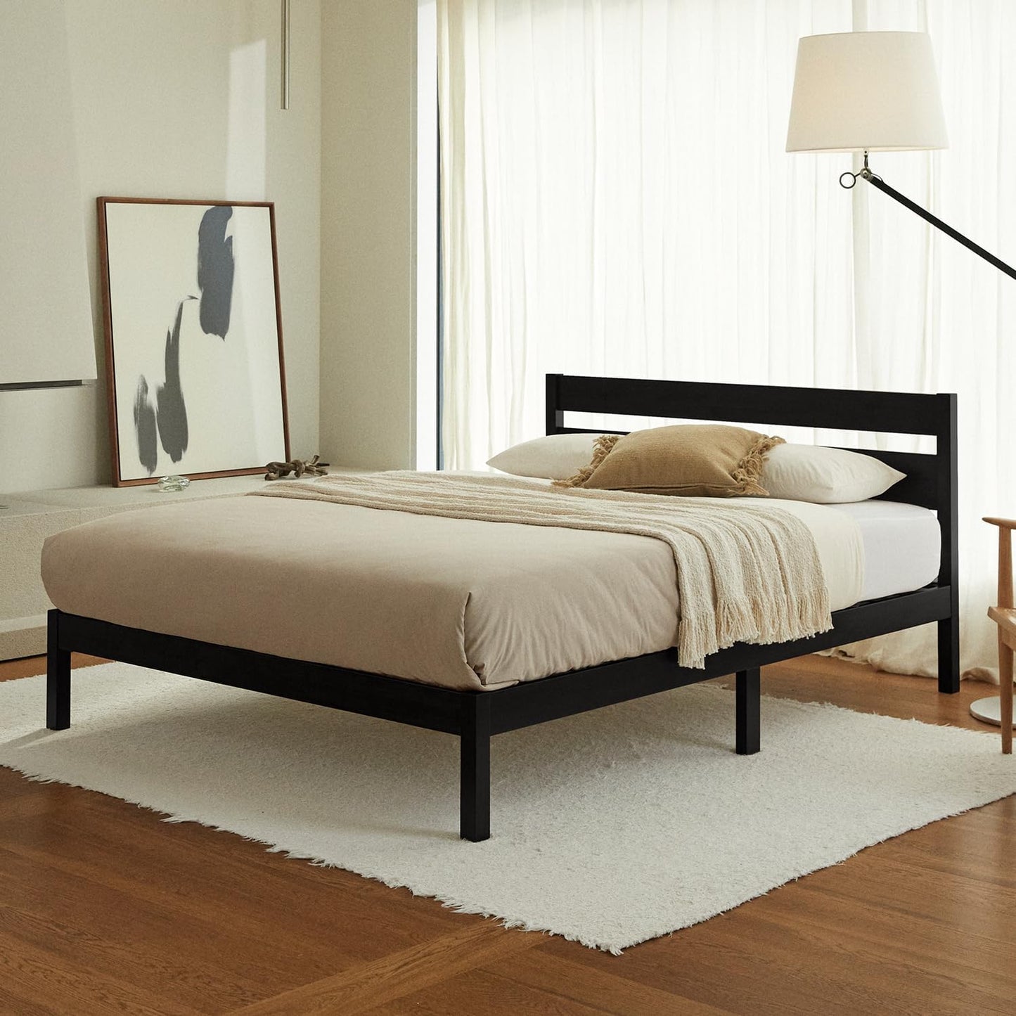 LIFEMENT Classic Wood Platform Bed Frame with Headboard, Essential, Noise Free, Under Bed Storage, No Box Spring Needed, Easy Assembly (Black, Twin)