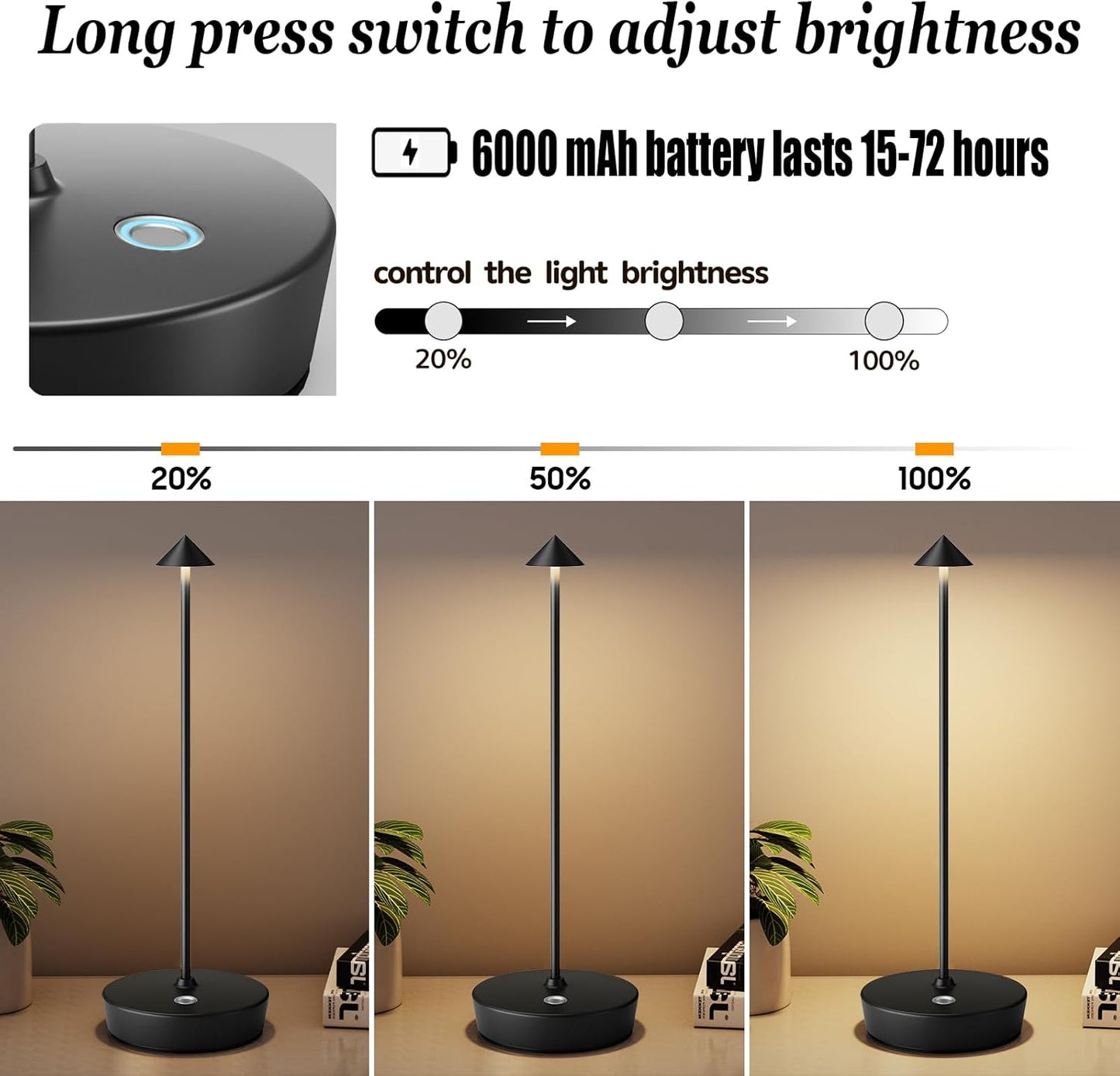 2Pack Rechargeable Cordless Table Lamp, Portable Powered LED Battery 6000mAh Metal USB Desk Lamp, 3 Levels Brightness Light for Restaurants Outdoor (2pack Black)