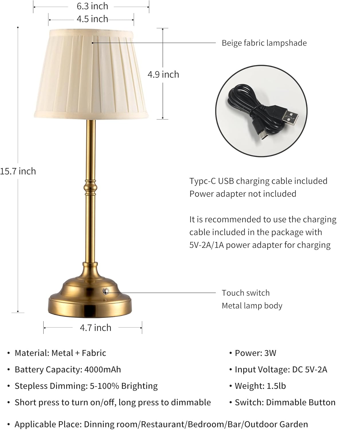 KDG Portables Cordless Table Lamp, Fabric Shade Desk Lamp, 4000mAh Rechargeable Battery Powered Lighting, Dimmable Light for Dining Room, Bedroom, Bedside, Bar, Night Light, Camping, Balcony (Bronze)