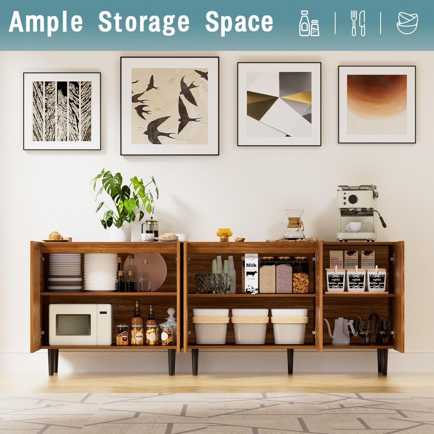 CHUWELL Farmhouse TV Stand, 78.7" Storage Cabinet with 5 DIY Doors and Adjustable Shelf, Sideboard Coffee Bar Cabinet with Solid Wood Feet for Kitchen,Dining Room,Living Room,Brown