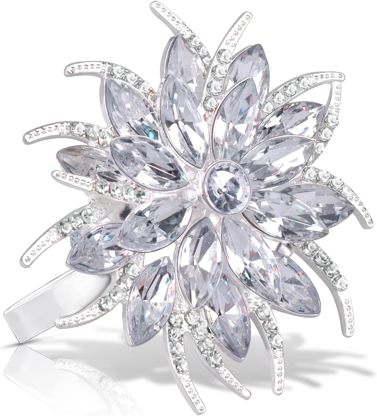 Legigo Set of 8 Christmas Lotus Flower Napkin Rings Set for Dinning Table Setting- Silver Rhinestone Xmas Winter Napkin Ring Holders for Cloth Napkins, Christmas Holiday Party Dinner Table Decoration