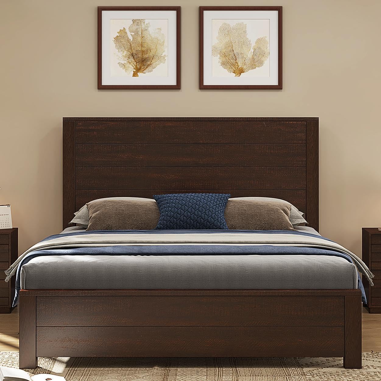 51.2" H Wood Bed Frame with Headboard, Full Platform Bed Frame with Wooden Slat Support, No Box Spring Needed/Easy Assembly, Rustic Pine, Reclaimed Barnwood