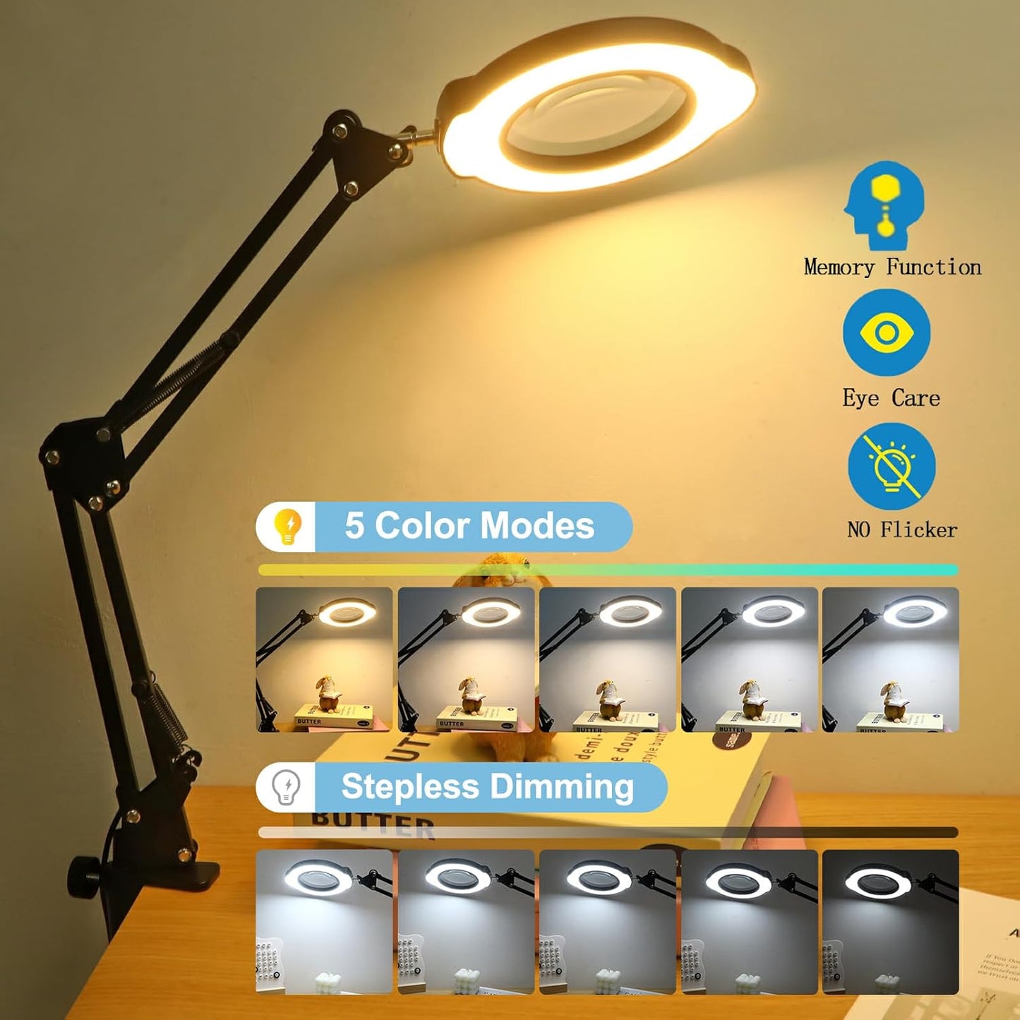 Upgrade 10X Magnifying Glass with Light and Stand, Real Glass Magnifying lamp, 5 Color Modes Stepless Dimmable, 84 LEDs, Magnifier with Light Hands Free for Close Work, Reading Craft Repair