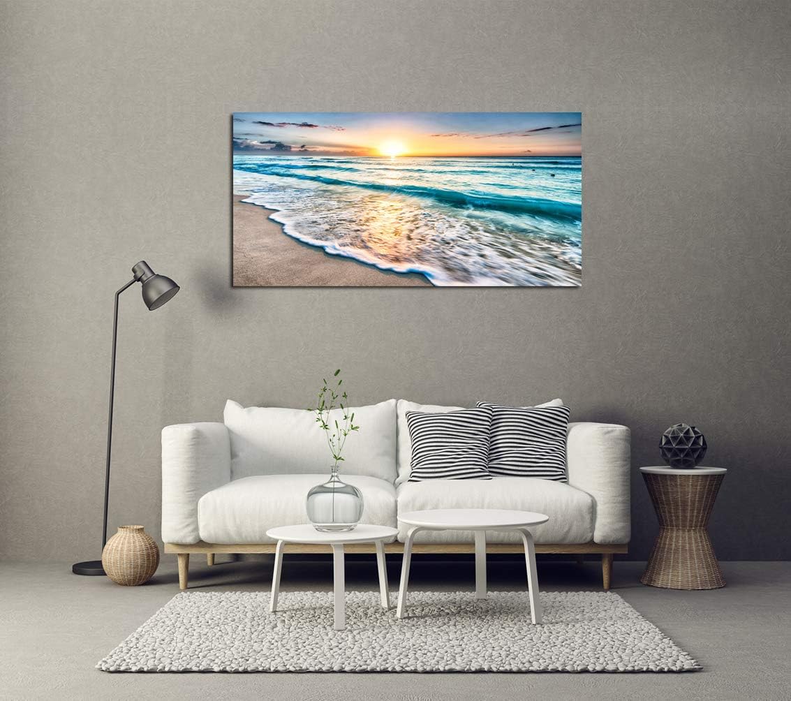 Baisuart S02262 Canvas Prints Wall Art Beach Sunset Ocean Waves Nature Pictures Stretched Canvas Wooden Framed for living Room Bedroom and Office