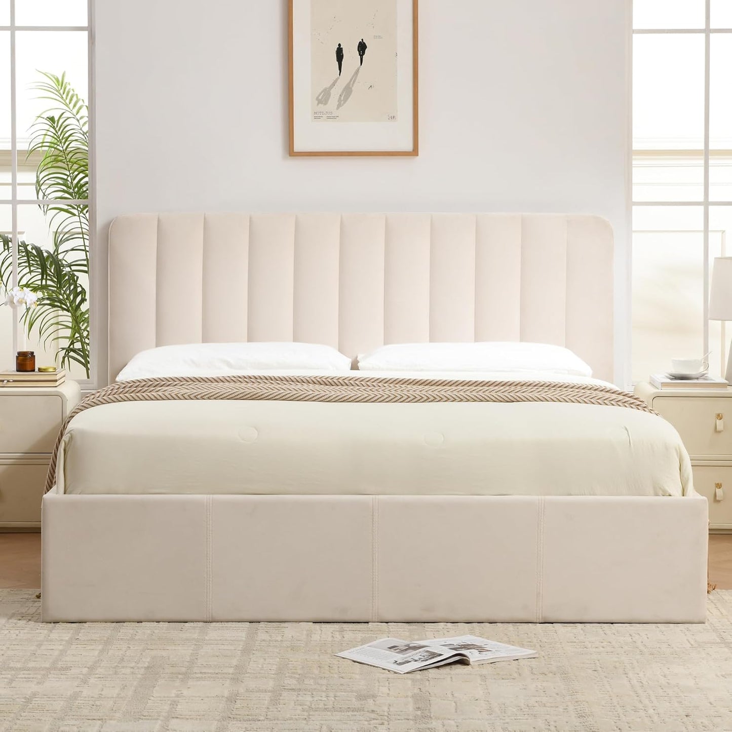 PINJU Full Size Storage Bed with Hydraulic Lift, Upholstered Platform Bed, Simple Vertical Line Design, Wooden Slat Support, No Spring Required (Cream, Full)