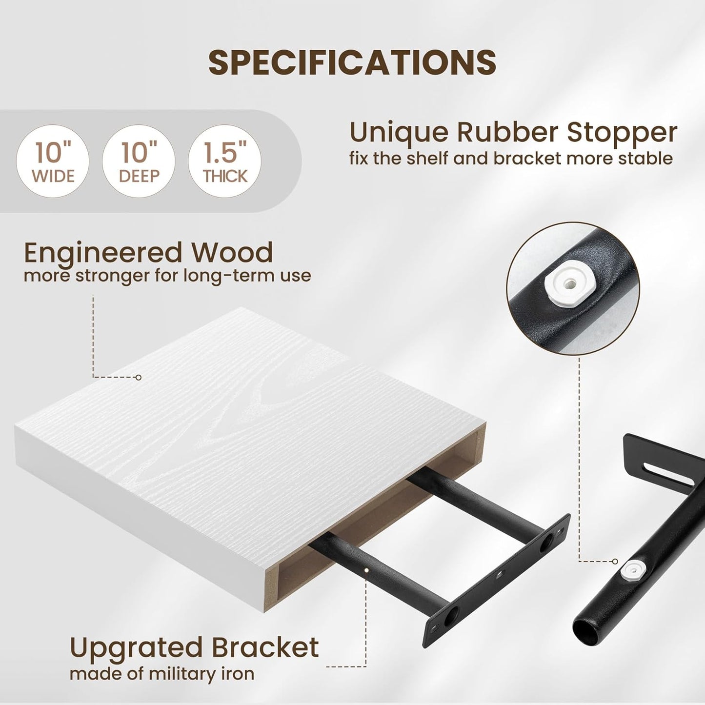 Fun Memories Floating Shelves for Wall 10 Inch, 10 Inch Deep Square Wall Shelves, Bathroom Storage Shelves Over Toilet, Wood Floating Shelves for Living Room Bedroom, White, Set of 2