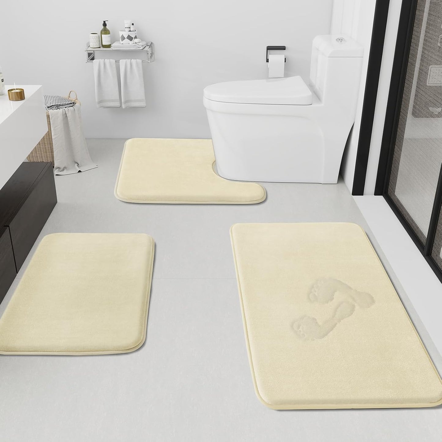 HUXMEYSON Bathroom Rugs Sets 3 Piece, Non-Slip & Quick Dry Bath Mat Set, Ultra Soft Velvet Bath Rugs for Bathroom, Toilet and Shower Floor, Ivory