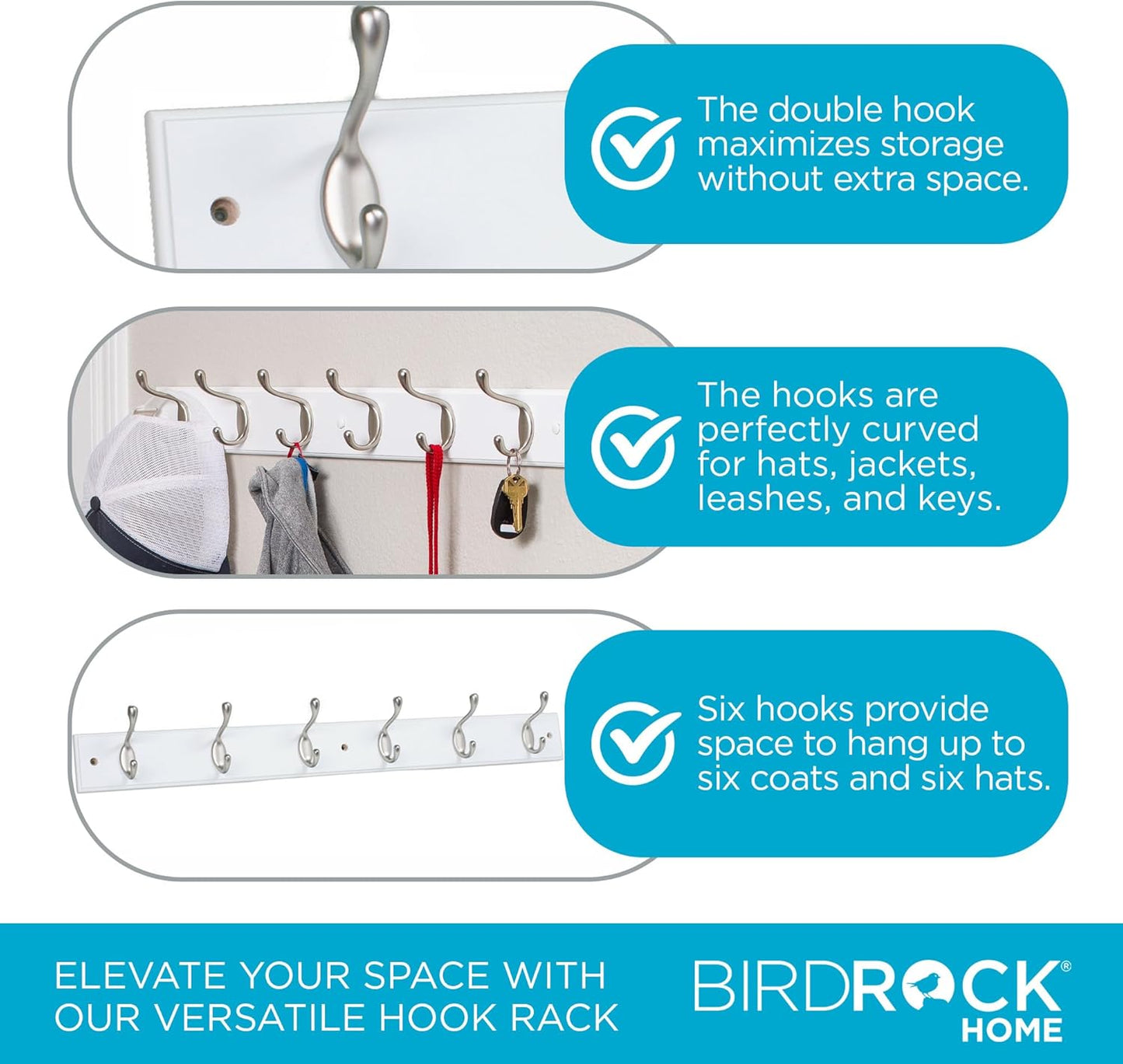 BIRDROCK HOME Oval Hook Coat and Hat Rack | 6 Hooks | Wall Mount | White Finish | Satin Nickel Hooks