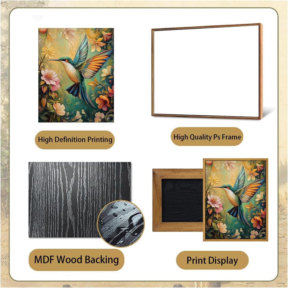 Framed Vintage Wall Art, Boho Canvas Wall Art, Dark Flowers Pictures, Nature Botanical Wall Decor, Bird Animal Paintings Prints, for Living Room Bedroom Home Decor 16x24in