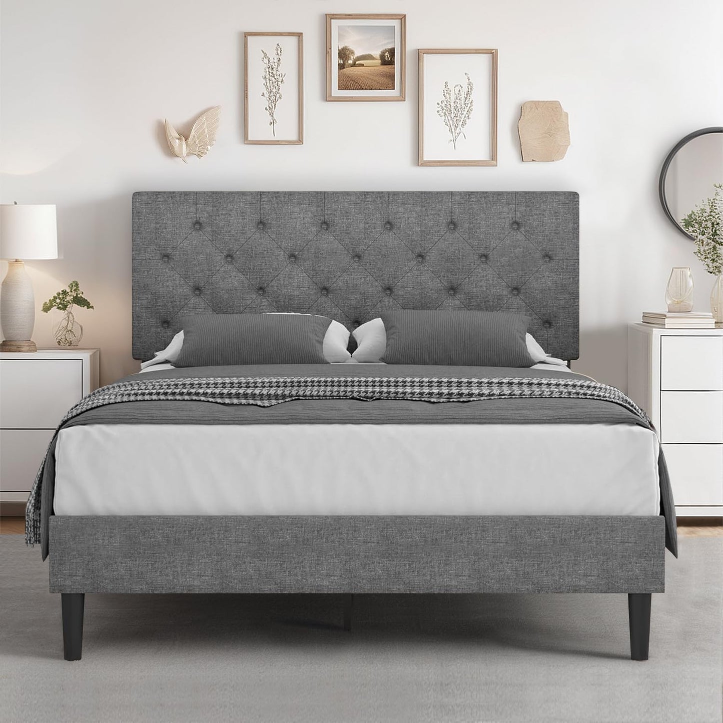 HOMBCK Full Bed Frame with Headboard, Linen Fabric Upholstered Bed Frame Full, Grey Bed Frame with Wood Slats, Button Tufted, No Box Spring Needed, Light Grey