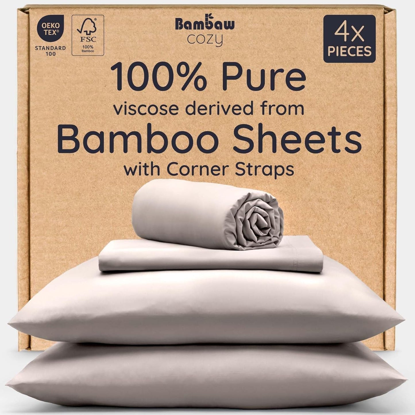 Bambaw California King Cooling Sheets Set 4pcs – 100% Viscose Derived from Bamboo Sheets Extra Deep Pockets, Soft & Breathable Bedding Set, Fits Up to 16'' with Elastic Corner Straps (Sand)