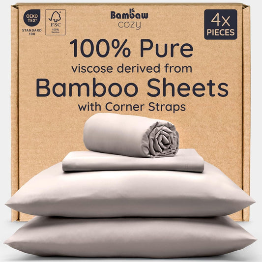Bambaw California King Cooling Sheets Set 4pcs – 100% Viscose Derived from Bamboo Sheets Extra Deep Pockets, Soft & Breathable Bedding Set, Fits Up to 16'' with Elastic Corner Straps (Sand)