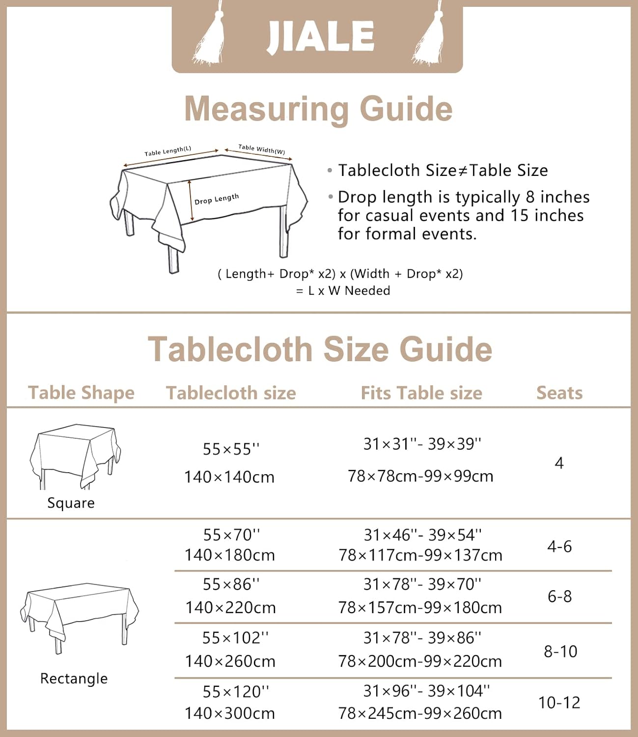 JIALE Tablecloths for Rectangle Tables, Cotton Linen Table Cloth Waterproof Tablecloth Wrinkle Free Farmhouse Dining Tables Cover, Soft Fabric Table Cloths with Tassels, Brown, 55" X 86", 6-8 Seats