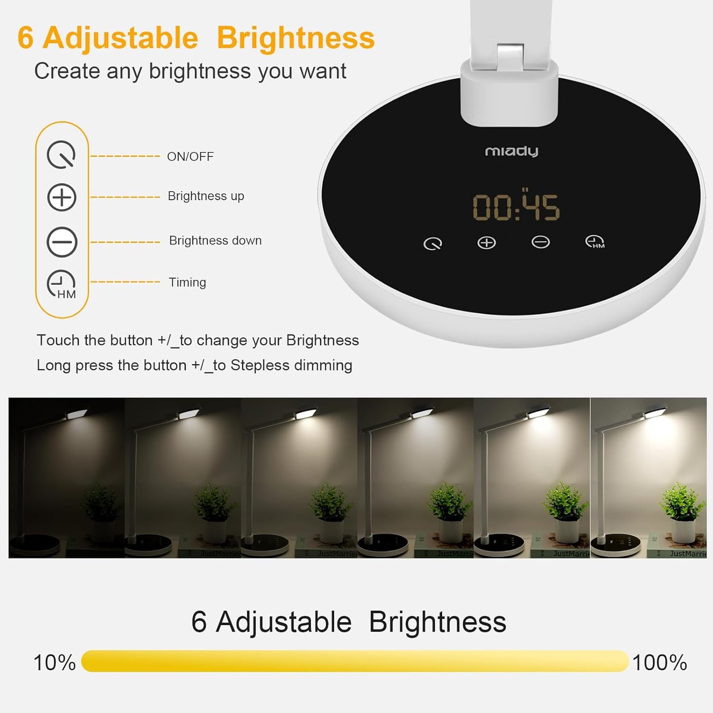 Miady LED Desk Lamp Stepless Dimming for Office Home, 15/30/45 Minutes Auto-Off Timer, 6 Lighting Brightness Levels with Adjustable Arm, Eye-Caring Reading Light for Table Bedroom Study