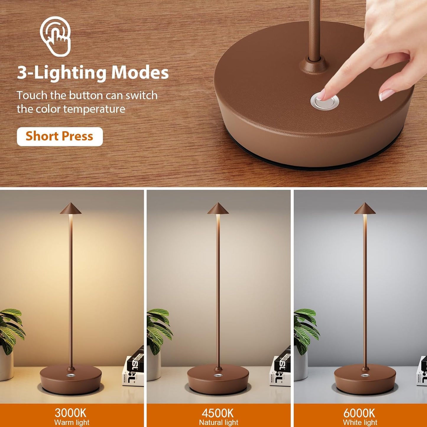 2Pack Rechargeable Cordless Table Lamp, Portable Powered LED Battery 6000mAh Metal USB Desk Lamp, 3 Levels Brightness Light for Restaurants Outdoor (2pack Coffee)