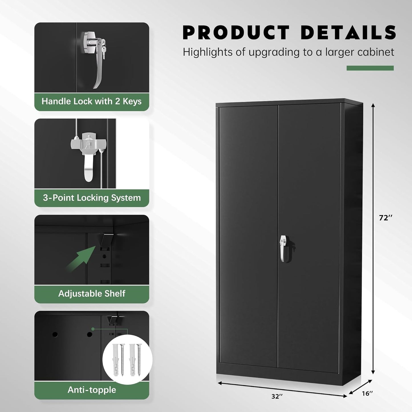 Greenvelly Metal Storage Cabinet with Lock,71" Metal Garage Cabinet with 2 Doors and 4 Adjustable Shelves,Lockable Storage Organization, Steel Tool Cabinets for Office,Home,Garage,Gym,School (Black)