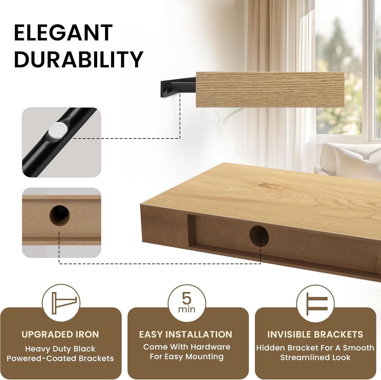 Floating Shelves for Wall, 36" W x 8" D x 1.5" H, Wooden Wall Mounted Display Shelves with Invisible Brackets for Living Room, Bedroom, Bathroom, Kitchen Decor and Storage, Set of 2, Oak