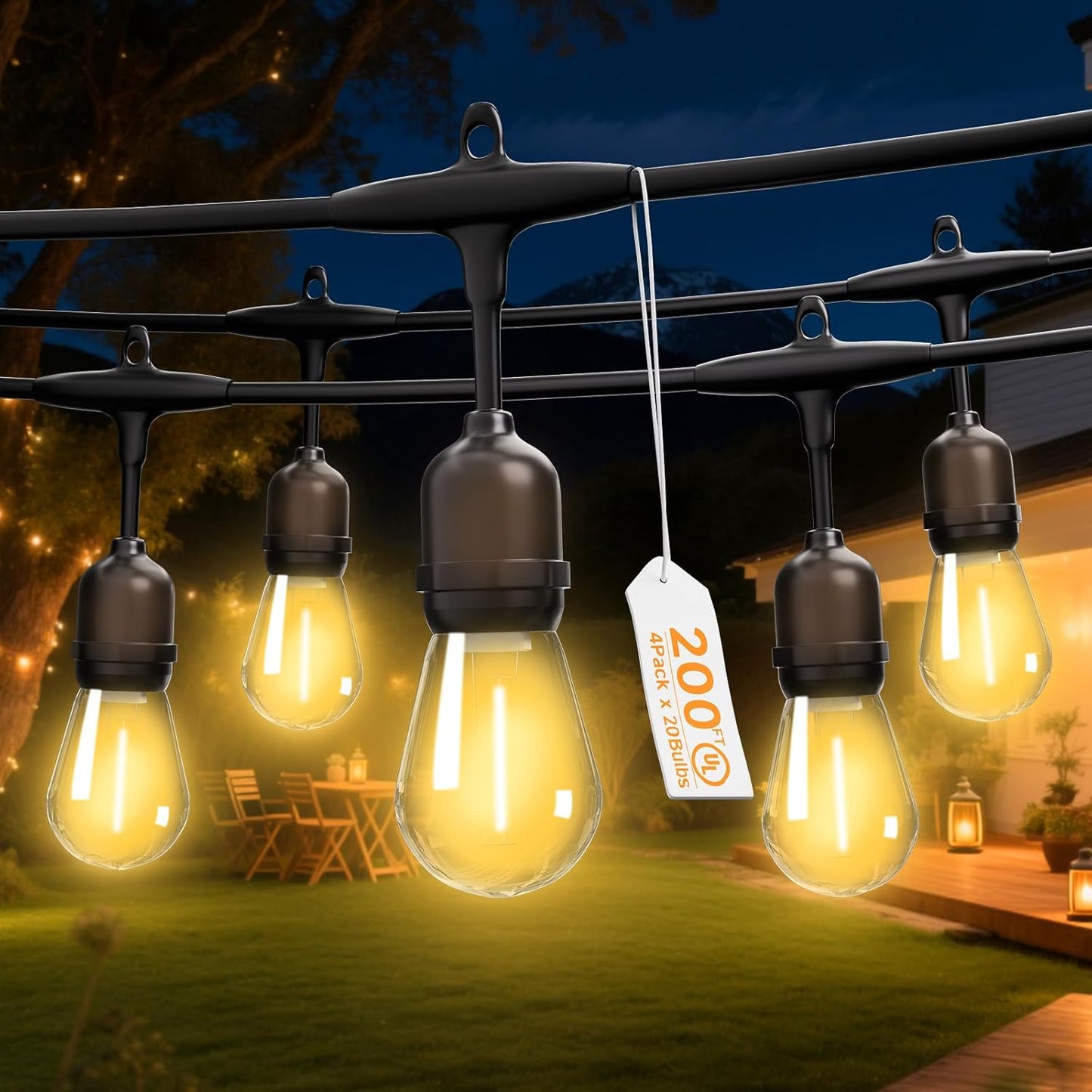 Outdoor Safety String Lights 200FT - Commercial Grade Low Voltage Strand with 80 S14 Shatterproof Bulbs for Tree Garden Yard bistro Cafe | Warm Yellow 3500K Party Lights | IP65 Waterproof | UL Listed