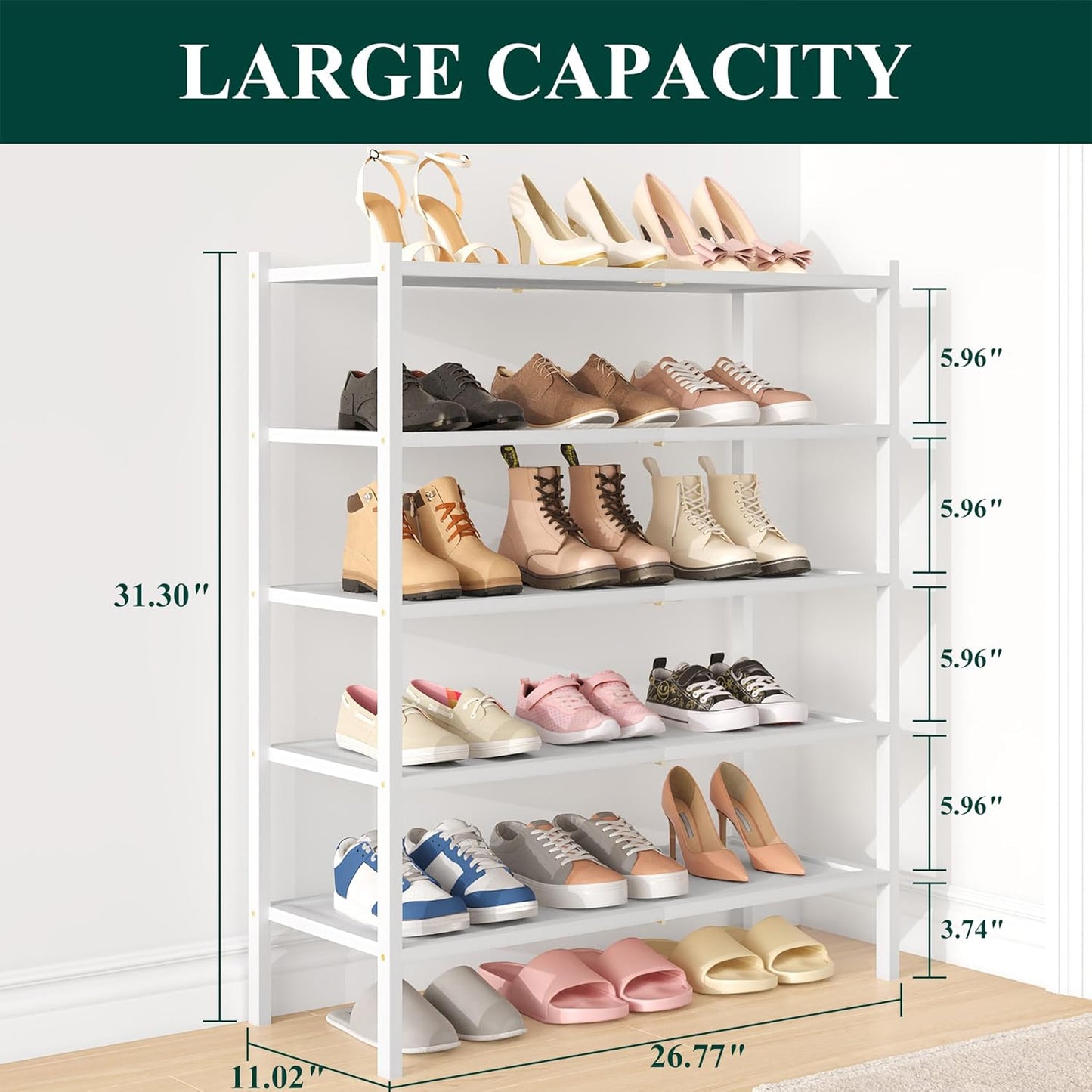 Smiry Bamboo Shoe Rack, 5 Tier Shoe Organizer for Entryway & Closet, Stackable Free Standing Storage Shelf for Shoes, Bags & Plants, White