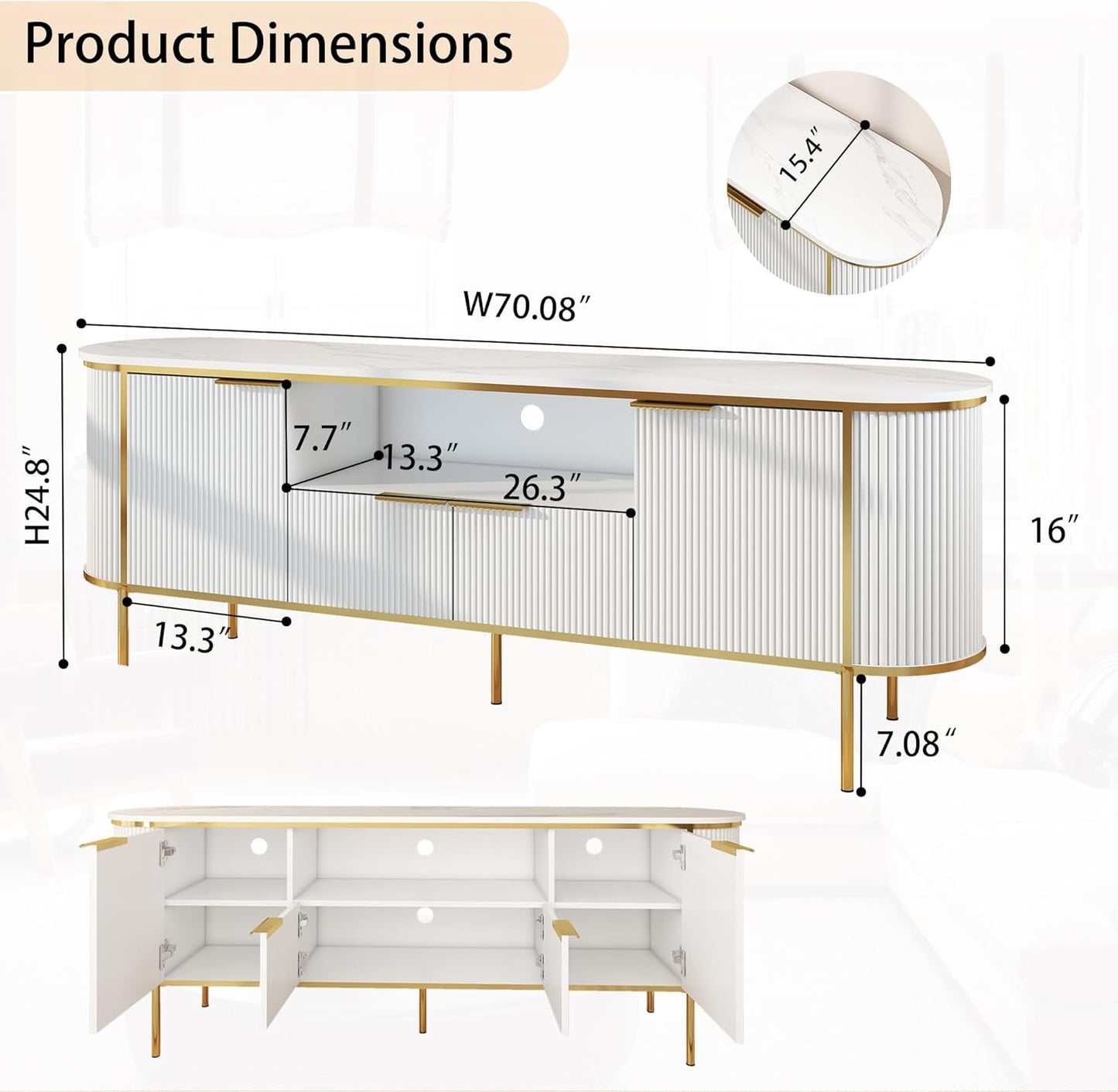 Luxury Fluted TV Stand: 70" White Entertainment Center for 80 inch TVs, TV Consoles for Living Room, Modern Media Console with Faux Marble Top (White, 70 Inch TV Stand)