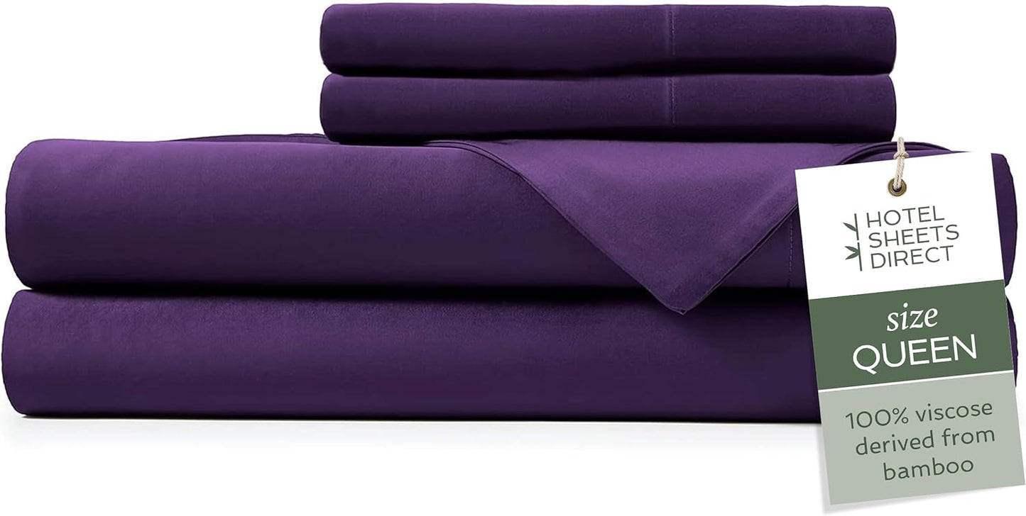 Hotel Sheets Direct 4 Piece Bed Sheet Set Queen Size, 100% Viscose Derived from Bamboo Sheets Set with 2 Pillowcases, Cooling & Breathable Luxury Bedding, Moisture-Wicking & Silky Soft Texture, Purple