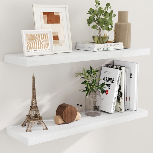 40 Inch Floating Shelves White, 40" W x 9.3" D Floating Shelf Set of 2, Farmhouse Wood Wall Shelves for Bedroom, Kitchen, Wall Mounted Deep Shelving for Home Decor