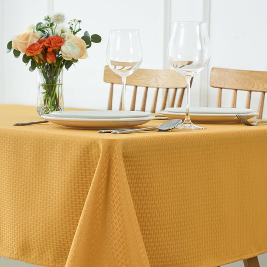 maxmill Weaved Texture Tablecloth Water Resistance Antiwrinkle Spillproof Soft Washable Table Cloth for Dining Room, Buffet Banquet Parties Holiday Dinner, Rectangular 70 x 108 Inch, Ochre Yellow