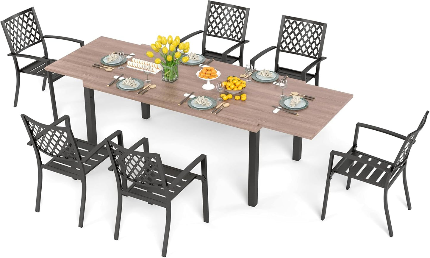 PHI VILLA 7 Pieces Outdoor Dining Set for 6, Expandable Wood-Like Metal Table & Wrought Iron Stackable Chairs, Large Dining Furniture for Patio, Deck, Backyard, Porch