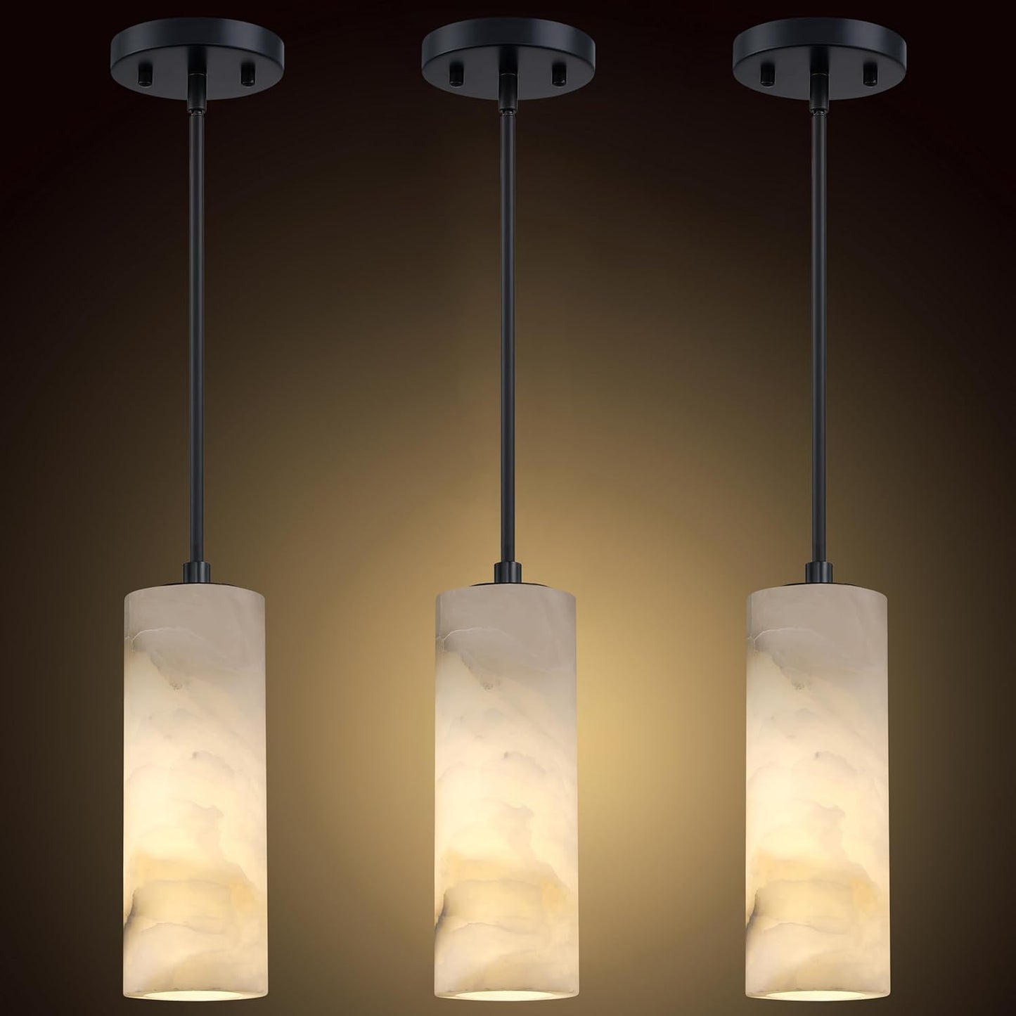 1 Light Modern Industrial Farmhouse Hanging Kitchen Island Pendant Ceiling Light Fixture,Cylinder Natural Alabaster Marble Black Finish Over Sink Restaurant bar Corridor