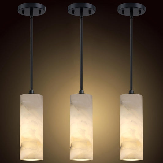 1 Light Modern Industrial Farmhouse Hanging Kitchen Island Pendant Ceiling Light Fixture,Cylinder Natural Alabaster Marble Black Finish Over Sink Restaurant bar Corridor
