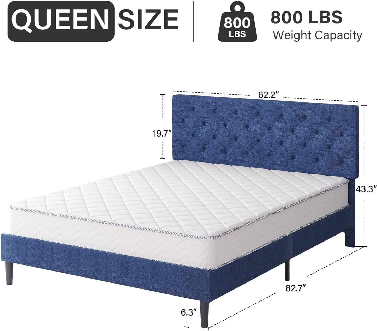 HOMBCK Queen Bed Frame with Button Tufted Headboard, Blue Upholstered Platform Bed Frame Bed, Soft Fabric/Wood Slats Support/No Box Spring Needed, Easy Assembly, Blue
