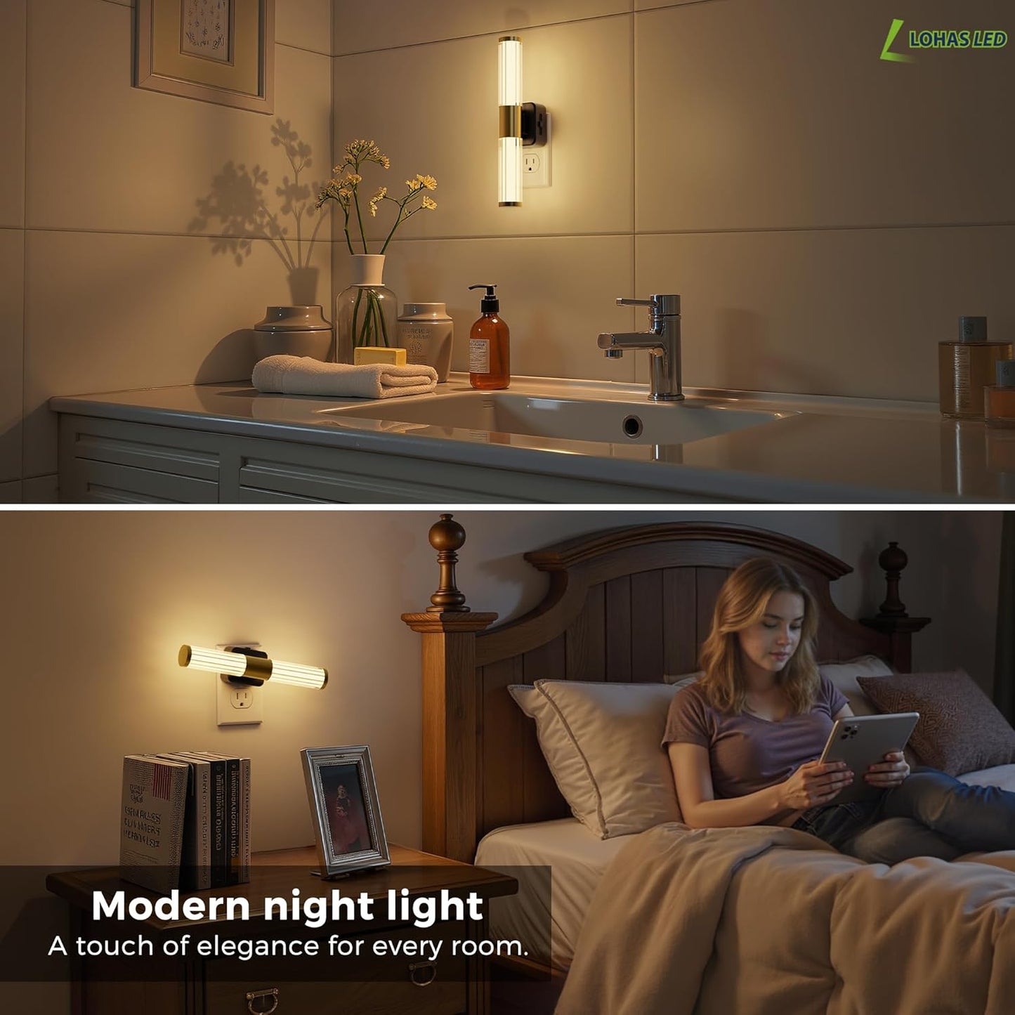 L LOHAS LED Rotating Night Light, Night Lights Plug into Wall, Auto Nightlight Dimmable 100LM, Light Sensor, 3000K Soft Light, LED Acrylic Nightlight Plug in for Bedroom Bathroom Hallway Kitchen,1Pack