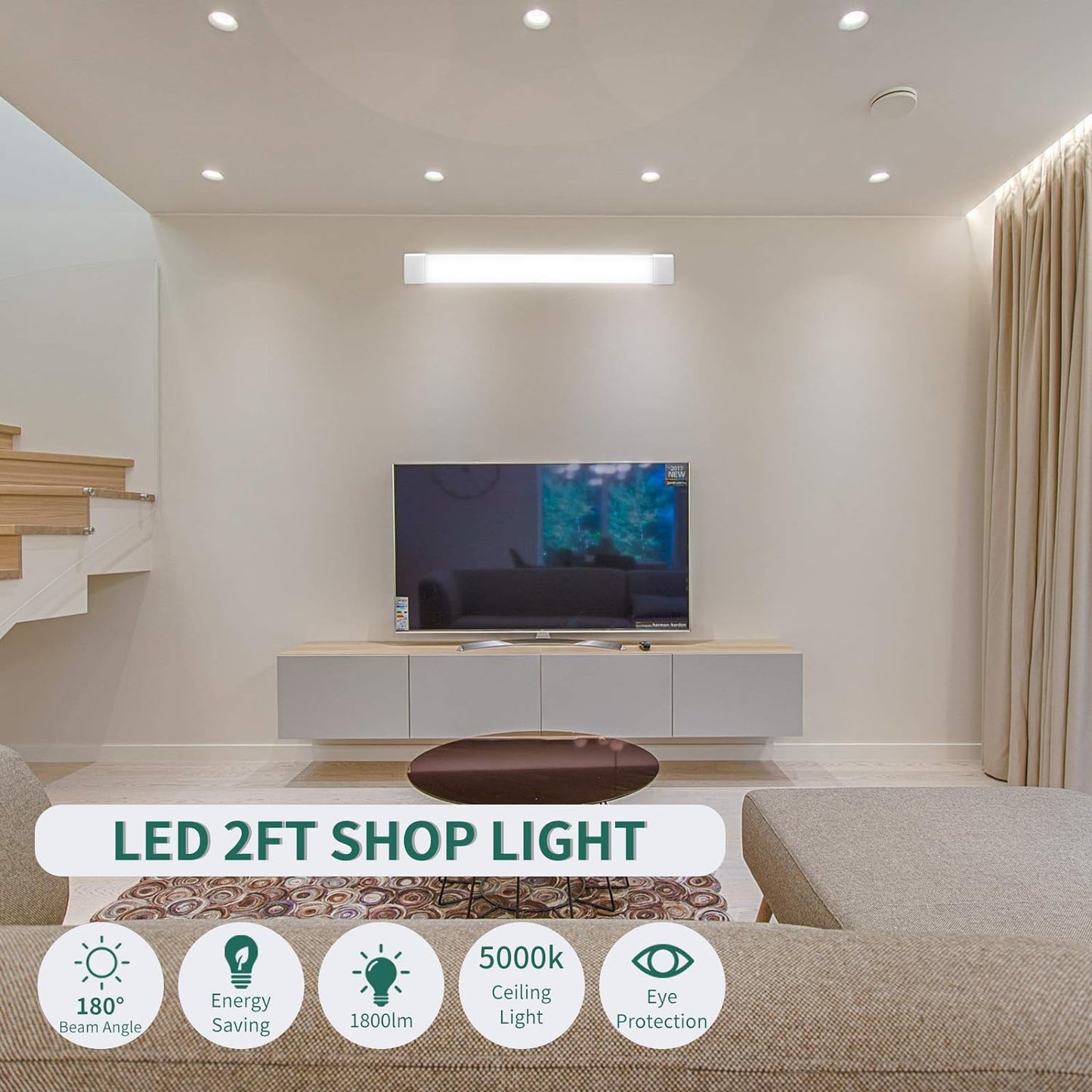 KUKUMAO 5000K Plug-in LED Tube Light Fixture, 18W Linkable Cabinet Light for Garage, Kitchen, Bathroom, Closet, Office - 2Ft, Triproof, White