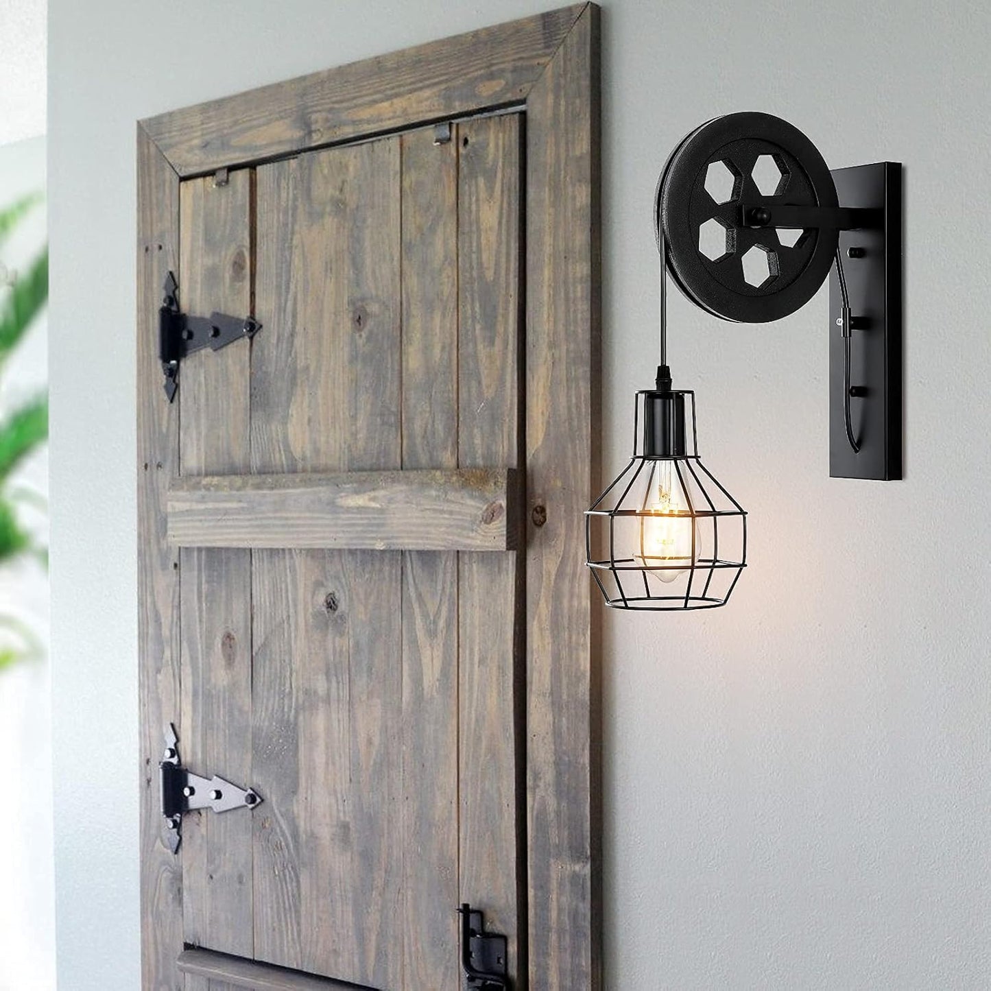 1-Light Rustic Wall Light Lift Pulley with Matte Iron Cage Lampshade Industrial Mid Century Sconce for Indoor Lighting Barn Restaurant (Black Color)