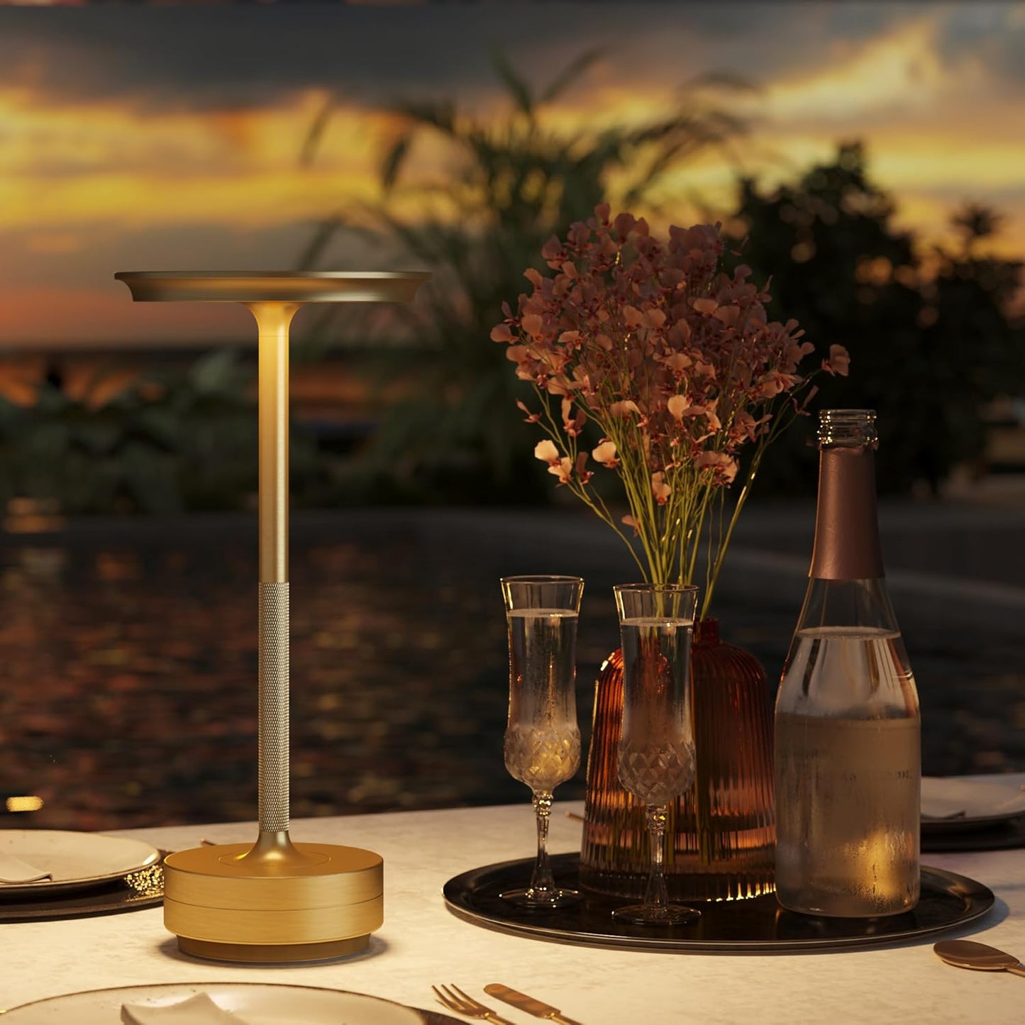 Cordless LED Table Lamp,Portable Rechargeable USB-C Battery Operated Table Lights IP54 Waterproof 3 Levels Brightness Light with Memory Function,for Terrace, Western Restaurant, Cafe(Gold)