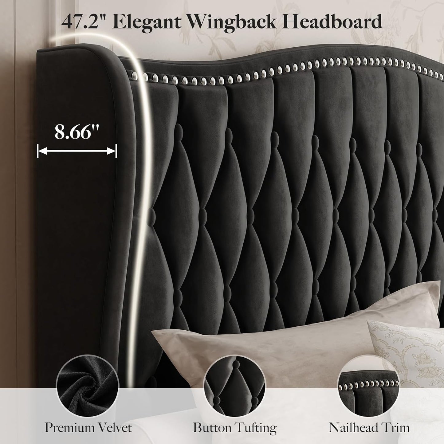 Belffin King Bed Frame and Headboard, Luxury Upholstered Velvet Platform Bed with Wingback, Button Tufted & Nailhead Trim, Anti-Slide Tall Footboard, No Box Spring Needed, Noise-Free, Black