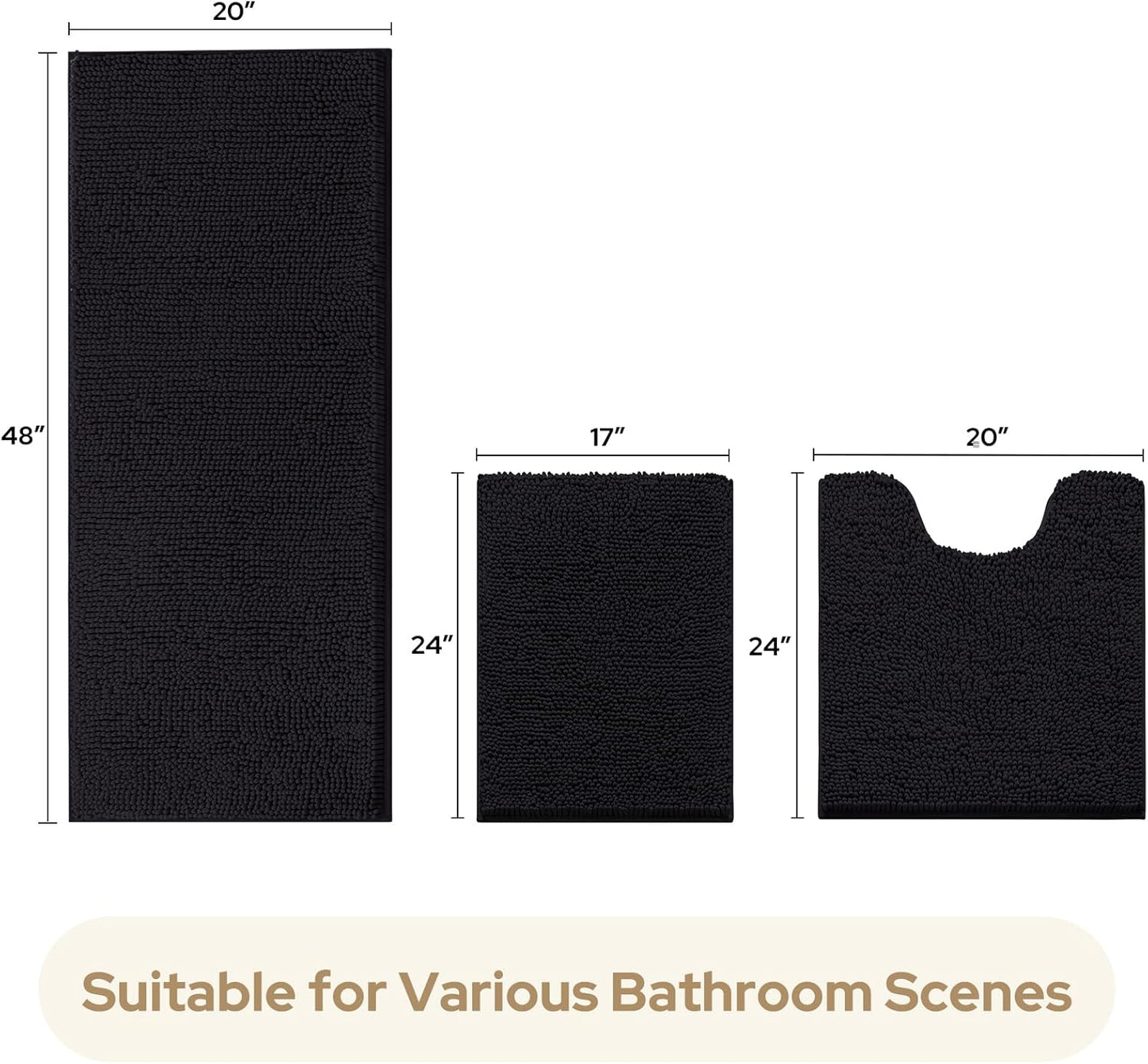 HOMEIDEAS 3 Pieces Bathroom Rugs, Extra Large Ultra Soft Non Slip Absorbent Chenille Toilet Bath Mat Set (Black,17"x24"+20"x48"+U Shape 20"x24")