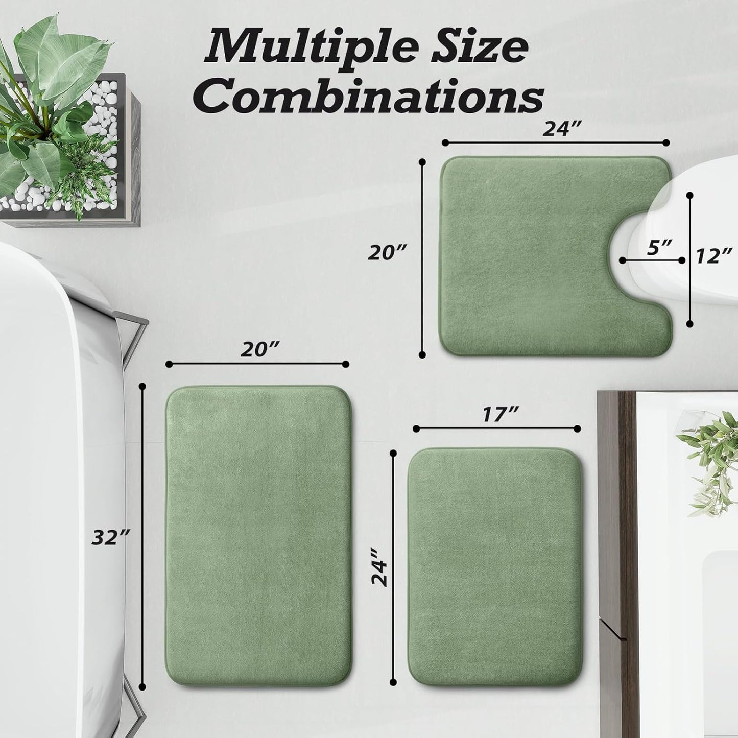 HUXMEYSON Bathroom Rugs Sets 3 Piece, Non-Slip & Quick Dry Bath Mat Set, Ultra Soft Velvet Bath Rugs for Bathroom, Toilet and Shower Floor, Grey Green