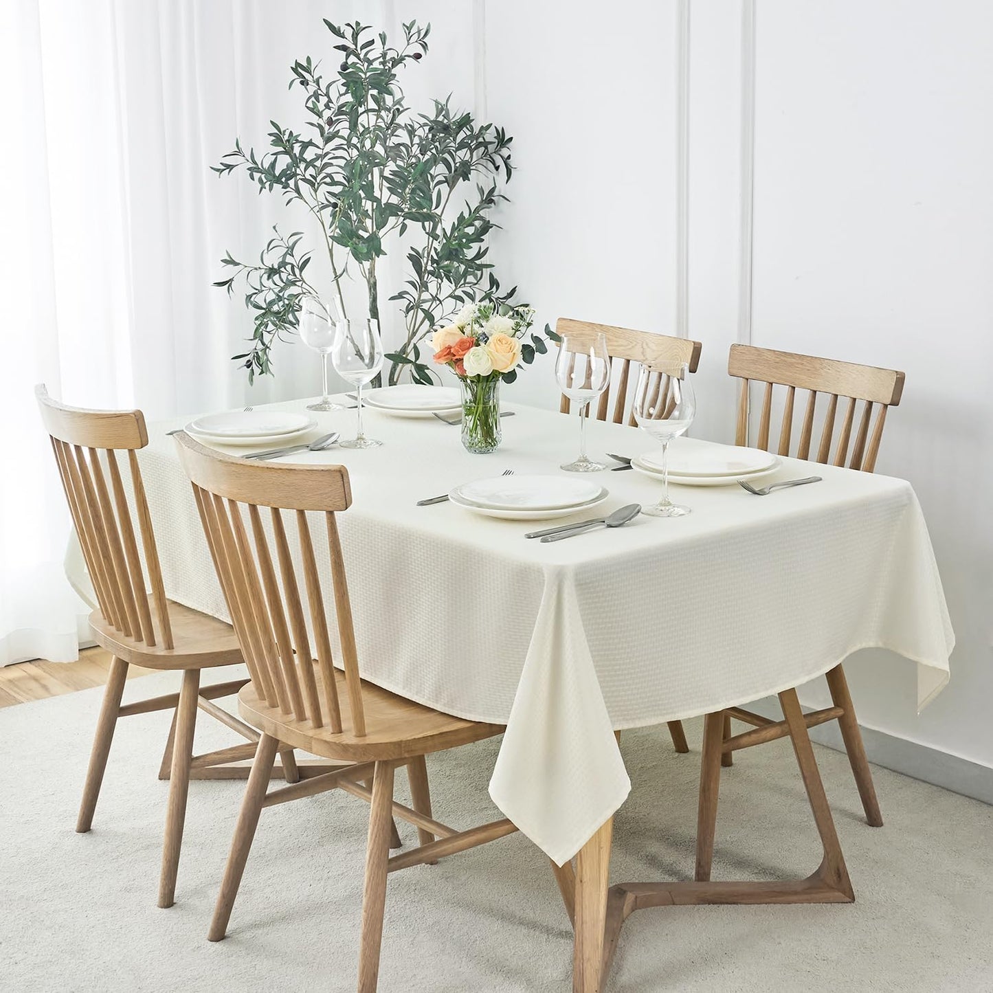 maxmill Weaved Texture Tablecloth Water Resistance Antiwrinkle Spillproof Soft Washable Table Cloth for Dining Room, Buffet Banquet Parties Holiday Dinner, Rectangular 60 x 108 Inch, Ivory