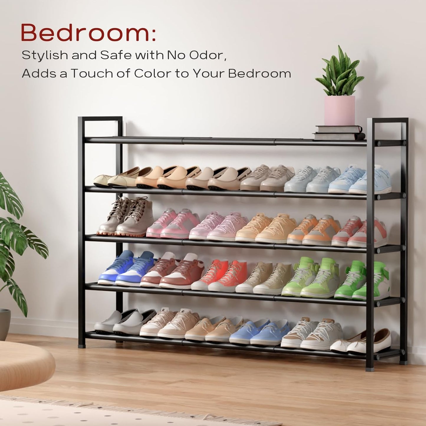 Bumusty 5-Tier Long Expandable Shoe Rack for Closet, 18"-44" Adjustable Shoe Rack for Entryway, 25-30 Pairs Large Shoe Organizer Shelf Storage, Sturdy Metal, Black