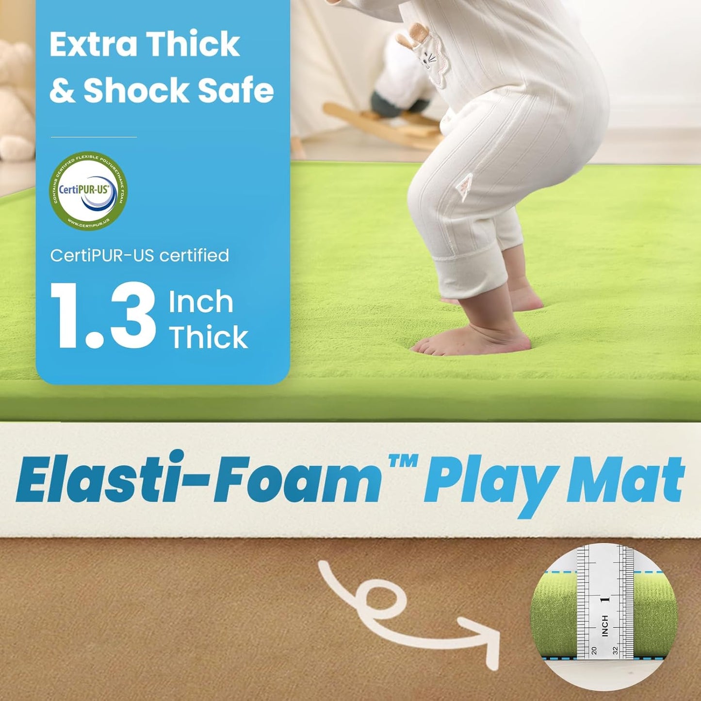 1.3" Thick Baby Play Mat for Floor Playpen, 50x50 Foam Tummy Time Mat, Padded Support Soft Plush Nursery Rug for Infant Kids Toddler Crawling Kick Activity (Light Green)